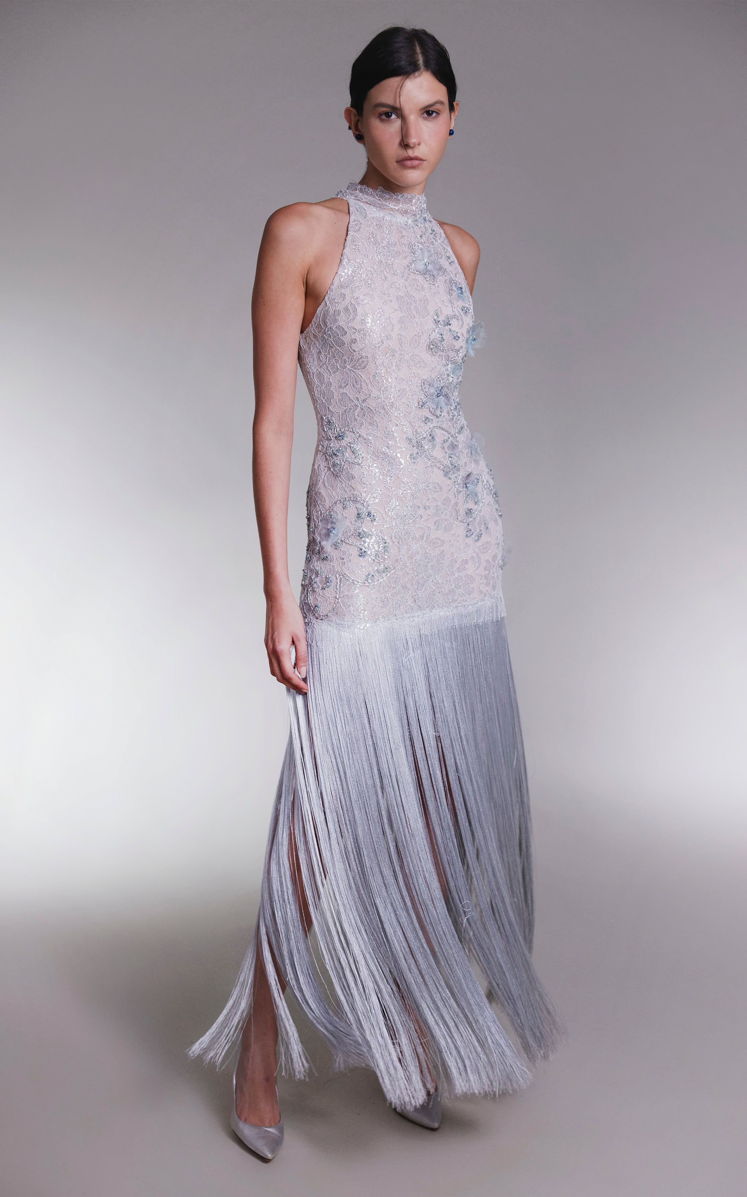 grey fringe dress Mock Neck Embellished Bandage Fringe Maxi Dress - Gray/Silver